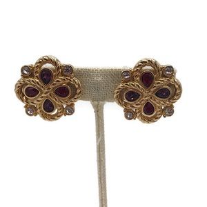 Swarovski Swan Signed Crystal Large Clip On Earrings Red, Purple, Clear Goldtone